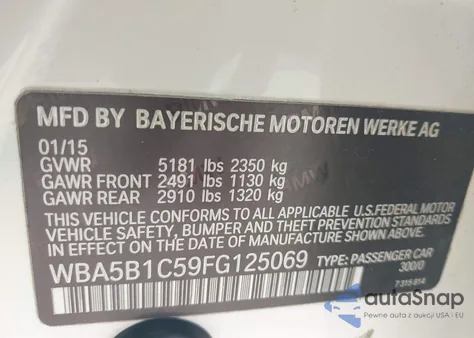 2015 BMW 535I из США, поврежденный, VIN WBA5B1C59FG125069